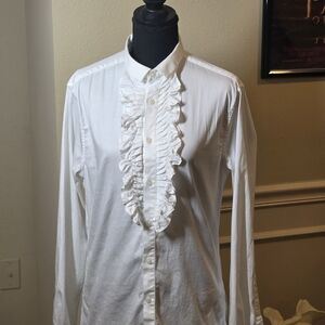 ASOS Cotton White Ruffle Front Dress Shirt MED. Feminine, Classy, Elegant